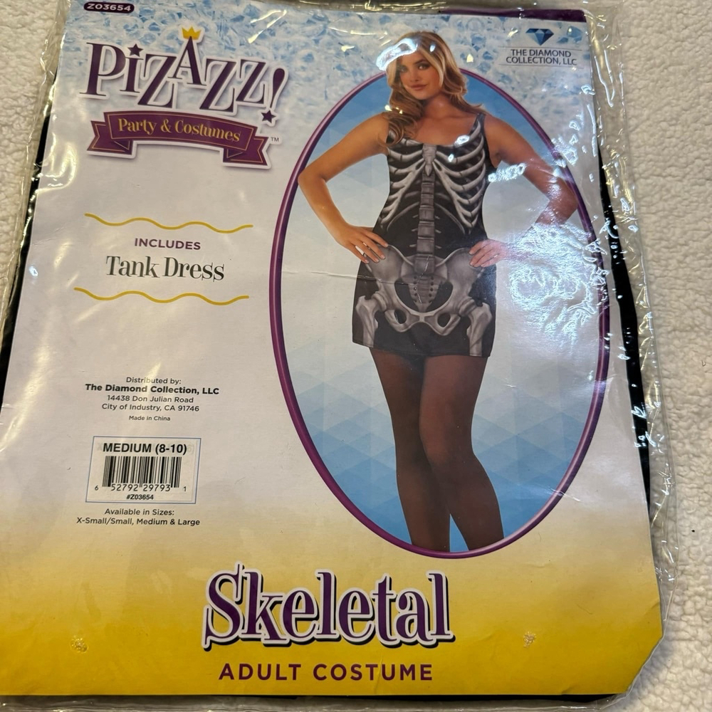 New Women's Pizzaz Skeleton Halloween Costume Dress Size Medium Black Sexy